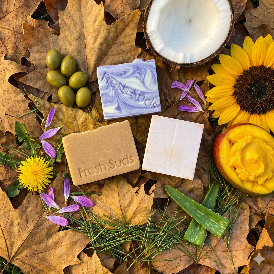 Dry Skin Bundle soap bars in an autumn flatlay with coconut and sunflower