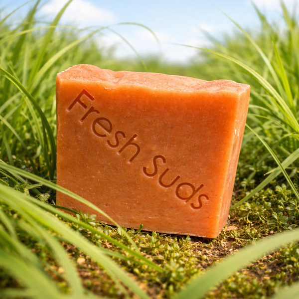 Lemon Squared soap bar, bright orange, among green lemongrass