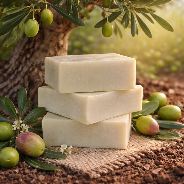 Olea Olive soap bars at the base of an olive tree with fresh olives