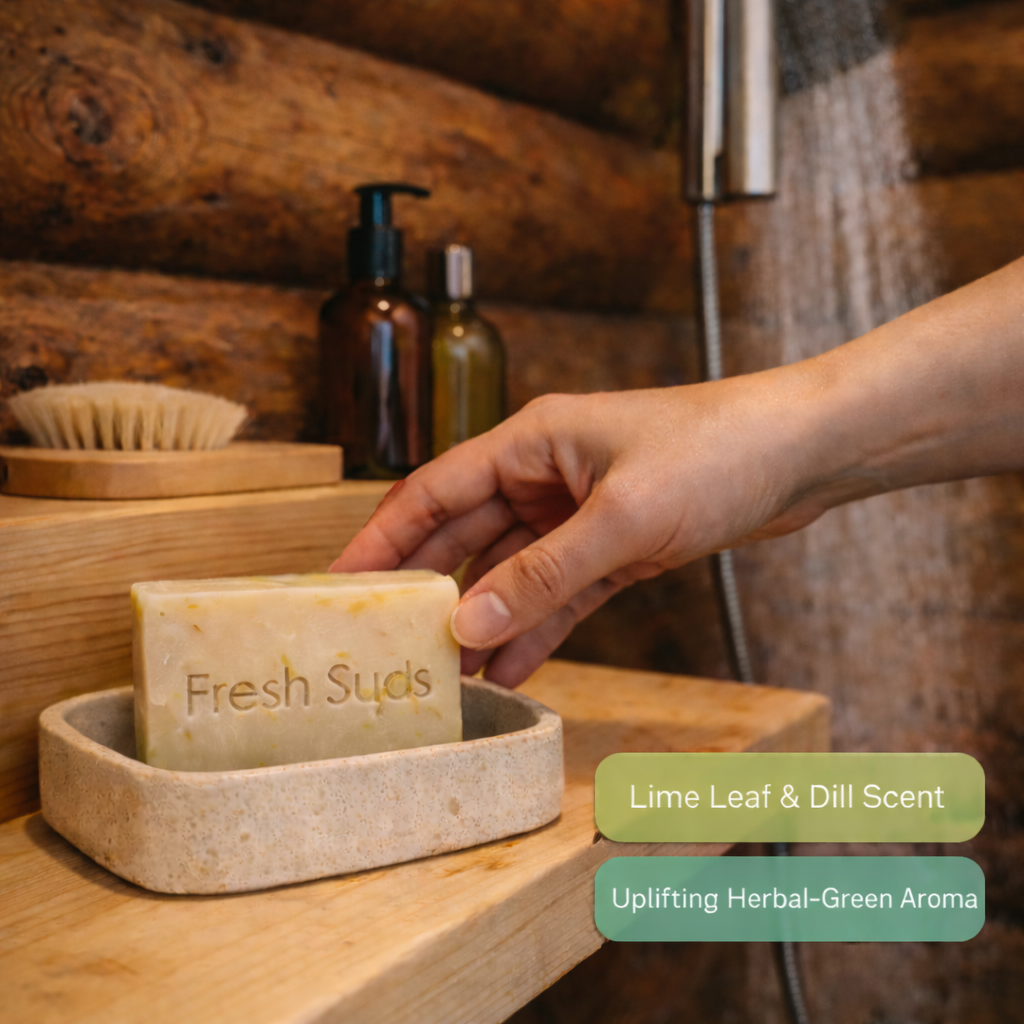 Placing a Serenity Calendula soap bar into a wooden dish on a spa shelf