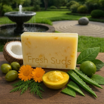 Serenity Calendula soap bar in a zen garden with calendula flowers