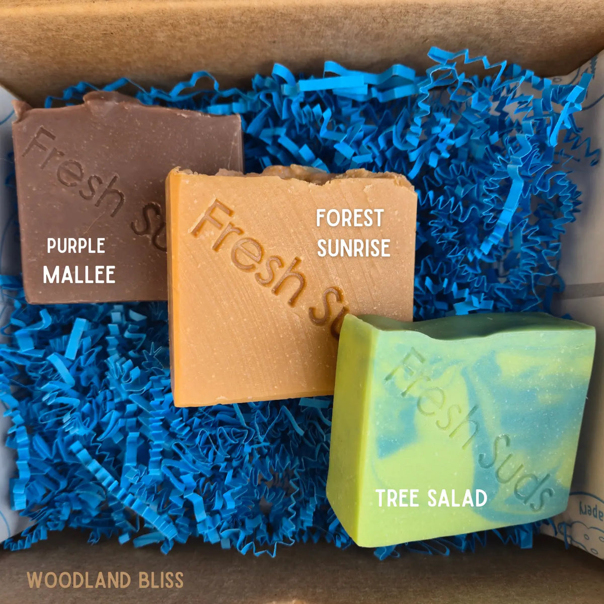 Woodland Bliss Bundle - 3 soap bars named Purple Mallee, Forest Sunrise, Tree Salad - Fresh Suds Soapery