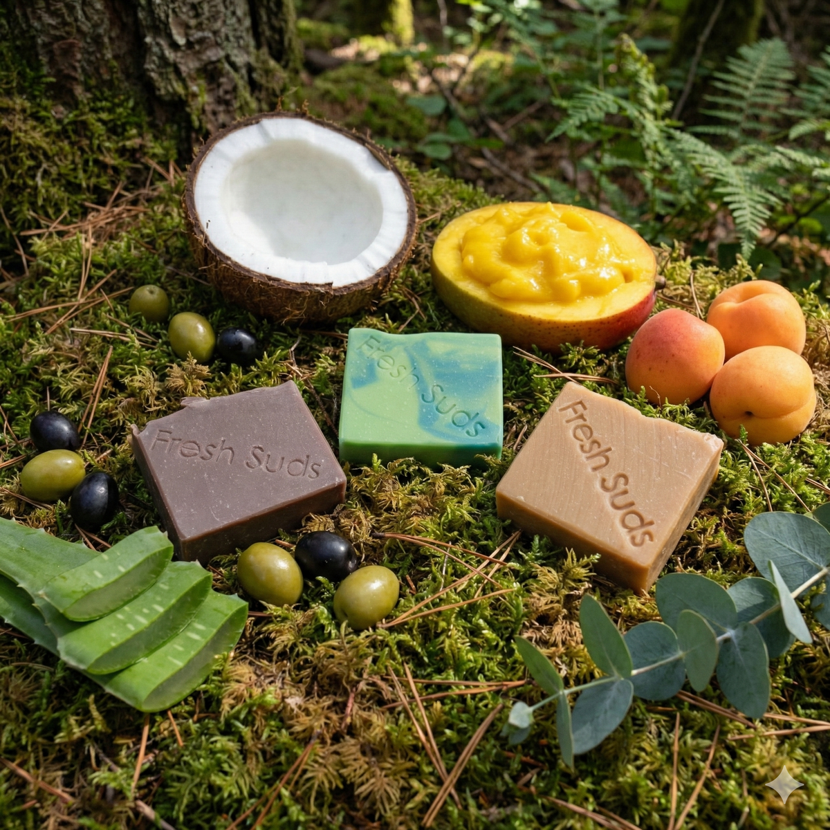Woodland Bliss Bundle soap bars in a woodland with coconut and apricot