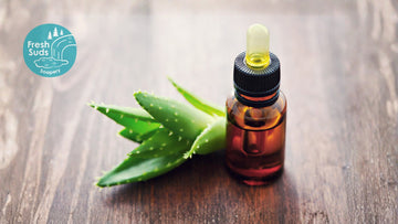 Amber dropper bottle of aloe extract next to fresh aloe leaves on a wood surface