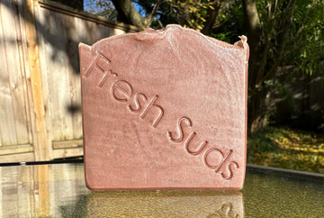 Purple Mallee soap bar in sunlight — the lilac color comes from Purple Brazilian Clay, not a dye