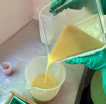 Fresh Suds soap being poured by hand into the mould — small-batch, cold-processed in Chilliwack, BC