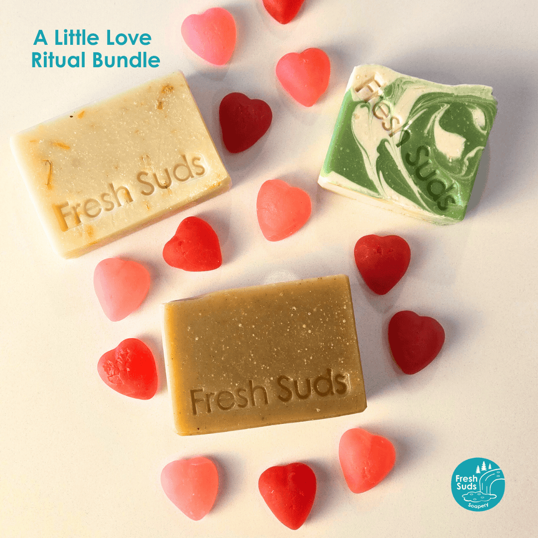A Little Love Soap Bundle - Three bars of soap with 'Fresh Suds' branding in front of a fireplace. - Fresh Suds Soapery