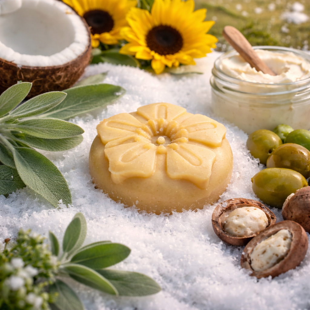 Arctic Breeze - Soap bar on salt flakes surrounded by botanical soap ingredients - Fresh Suds Soapery