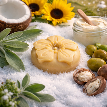 Arctic Breeze - Soap bar on salt flakes surrounded by botanical soap ingredients - Fresh Suds Soapery