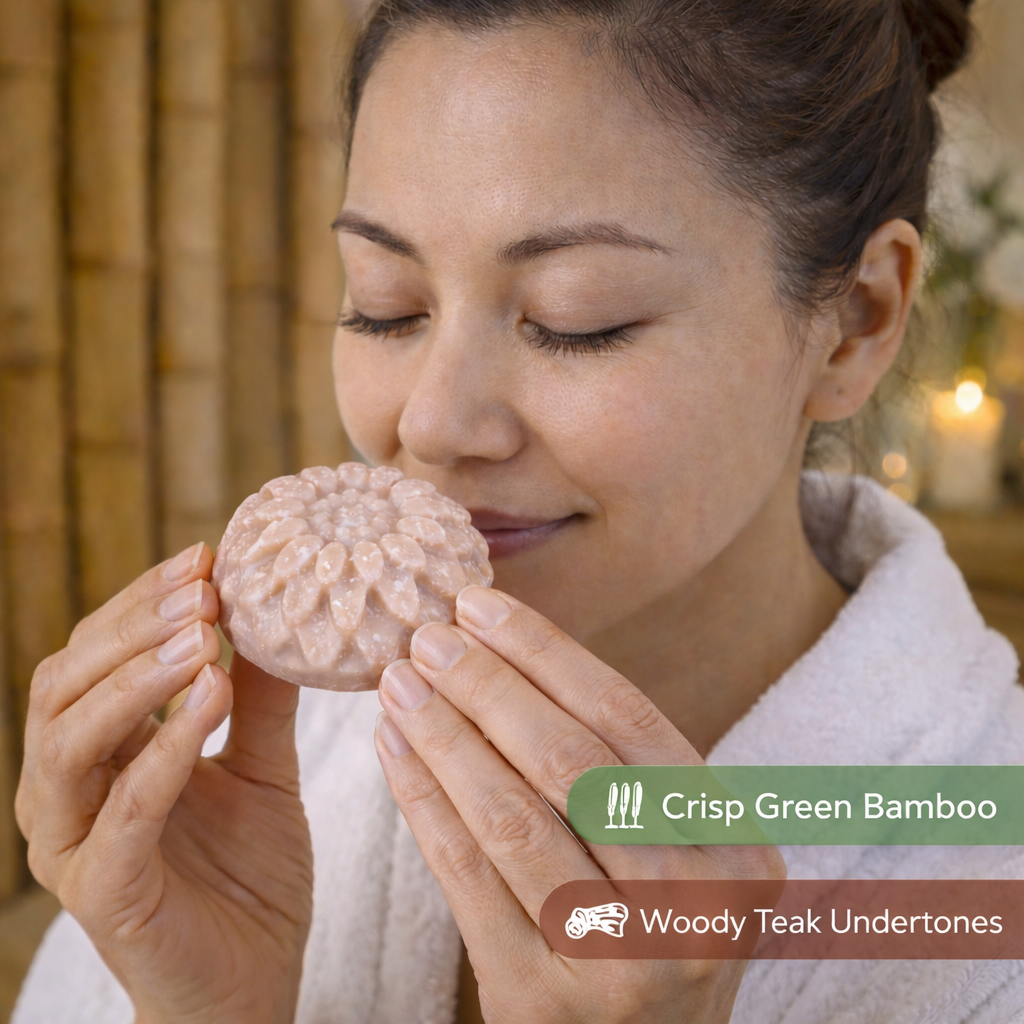 Bamboo Salt bar - Woman holding a textured soap bar with 'Crisp Green Bamboo' and 'Woody Teak Undertones' text overlay - Fresh Suds Soapery