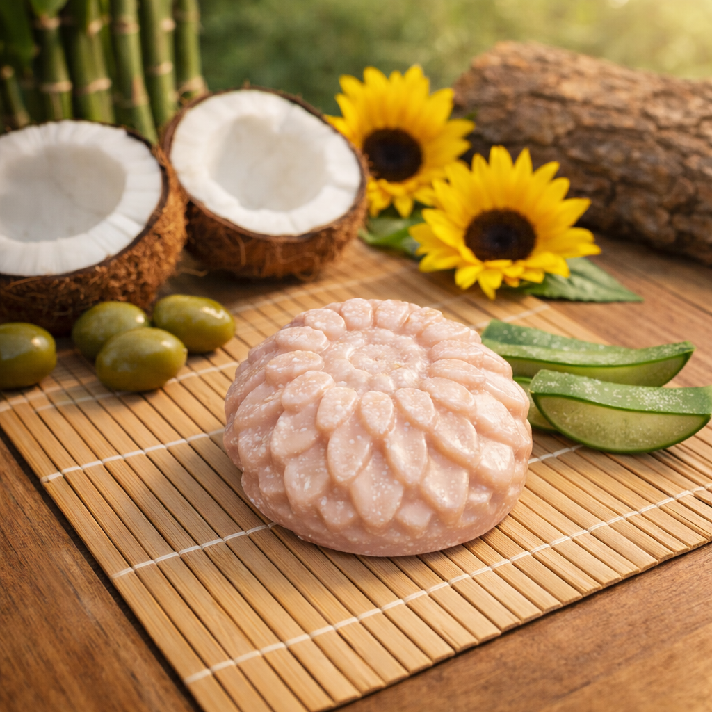 Bamboo Salt Bar - Flower shaped soap on bamboo mat with coconut, olive and aloe - Fresh Suds Soapery