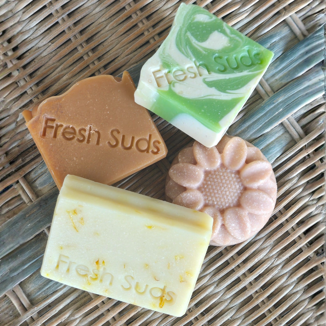 Fresh Favourites collection - Four colourful soaps on a wicker background - Fresh Suds Soapery