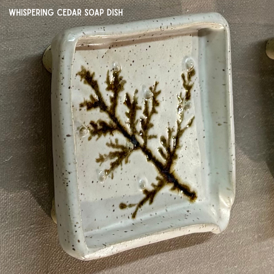 Handcrafted ceramic soap dish with cedar sprig imprint - front view - Limited edition by Ugly Potters