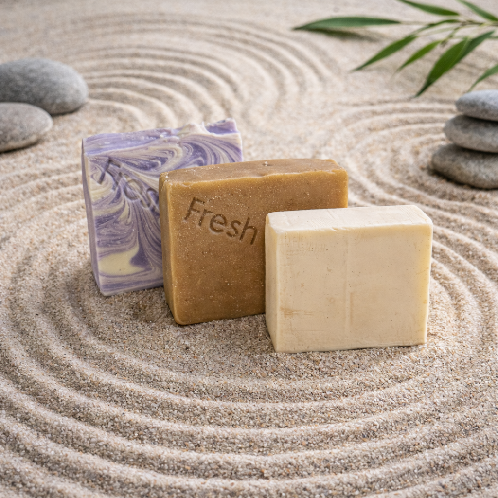 Dry Skin Bundle soap bars, lavender and cream, on raked zen sand