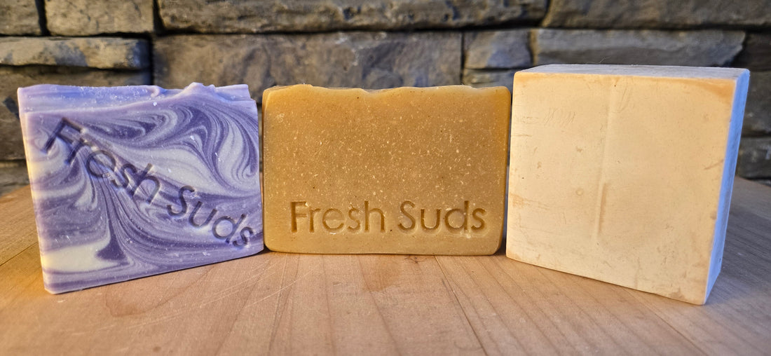 Dry Skin Bundle - Three bars of soap on a sandy surface with 'Fresh' text, surrounded by stones and leaves - Fresh Suds Soapery