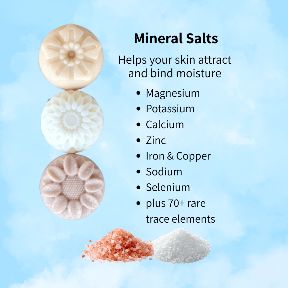 3 flower shaped salt soap bars with list of Mineral Salt benefits including Magnesium, Potassium and Calcium