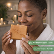 Forest Sunrise Soap Bar - Woman holding a bar of soap labeled 'Fresh Suds' with a Northern Woods Scent description - Fresh Suds Soapery