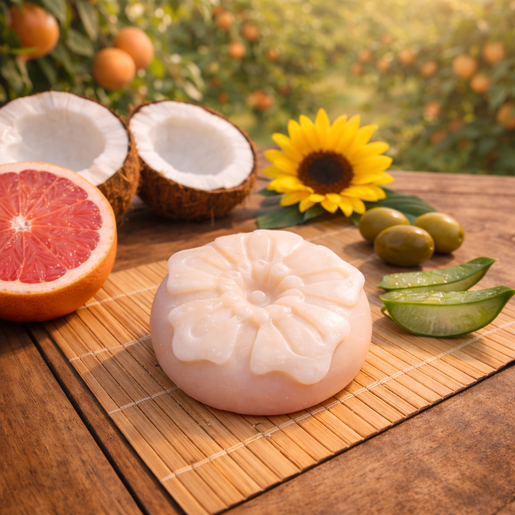 French Salt Bar - Bar of soap on a wooden surface with coconuts, grapefruit, and sunflower in the background. - Fresh Suds Soapery