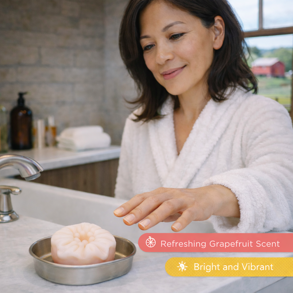 French Sea Salt Soap Bar - Woman reaching for a soap bar with vibrant grapefruit scent - Fresh Suds Soapery