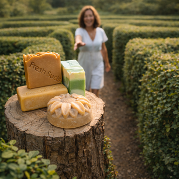 Fresh Favourites Soap Bundle - Four soaps on a wooden stump with a woman walking through a hedge maze in the background - Fresh Suds Soapery