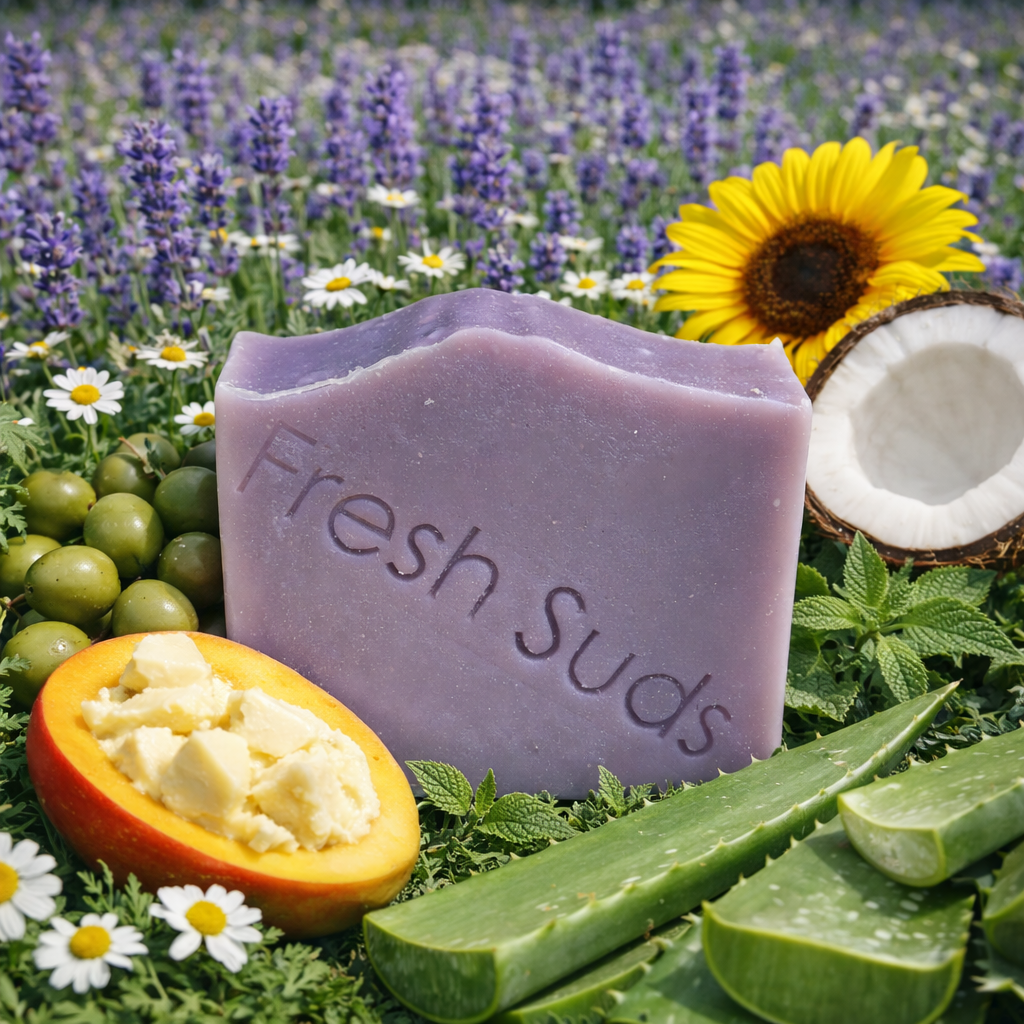 Lavender Fields Soap bar - Purple soap bar with 'Fresh Suds' text, surrounded by natural elements like a coconut, mango, and aloe vera, with a field of flowers in the background - Fresh Suds Soapery