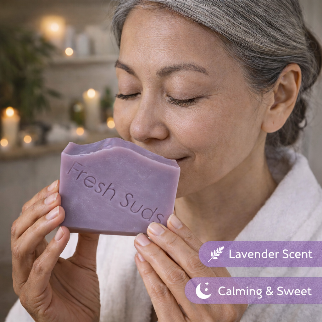 Lavender Fields Soap Bar - Woman holding a bar of soap labeled 'Fresh Suds' with lavender scent and calming & sweet properties - Fresh Suds Soapery