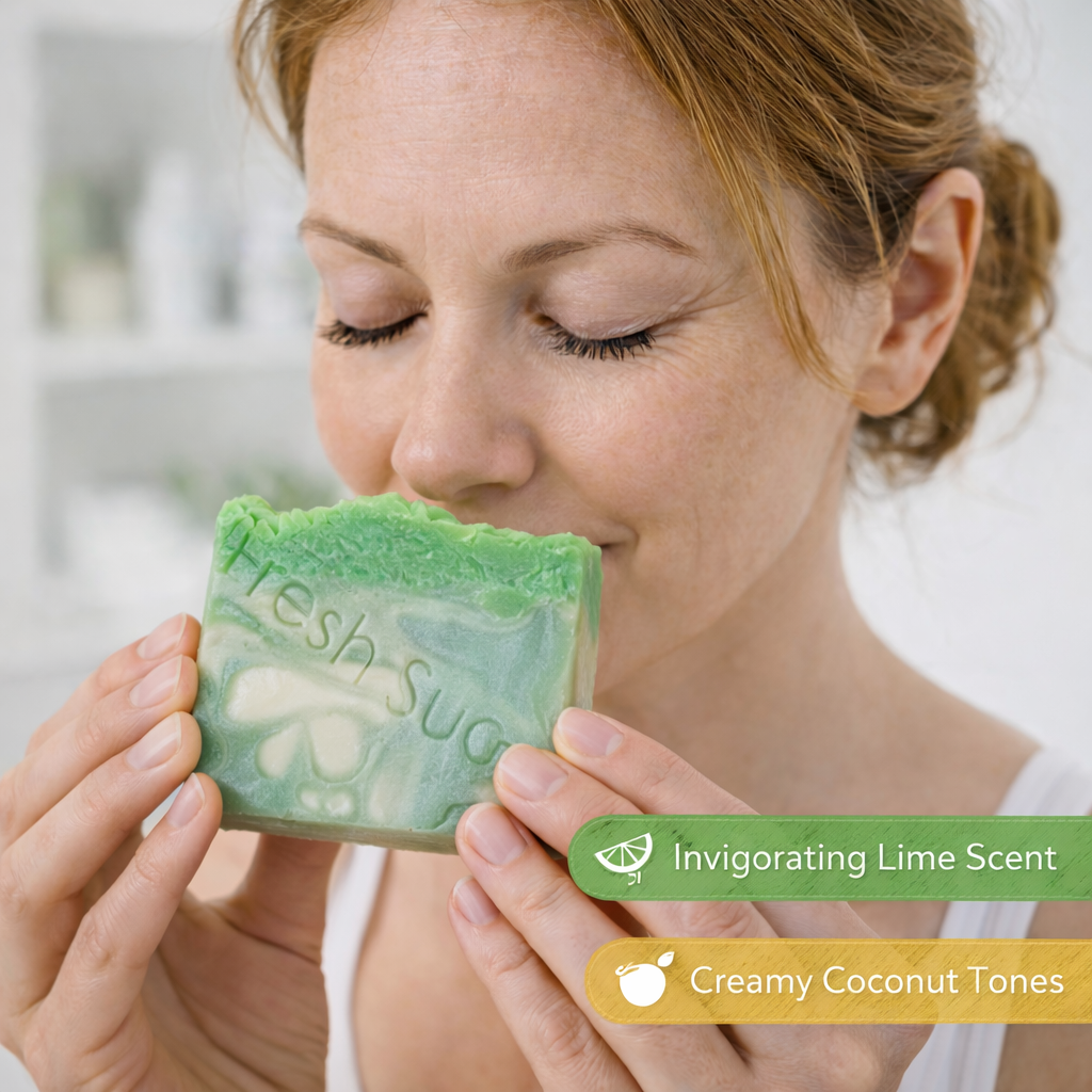 Limonada de Coco - Woman holding a green bar of soap with text about lime and coconut scent - Fresh Suds Soapery