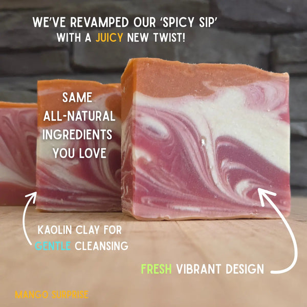 Mango Surprise soap bar, orange and red tropical swirl