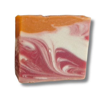 Mango Surprise soap bar close-up, tropical swirl