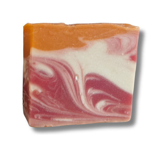 Mango Surprise soap bar close-up, tropical swirl