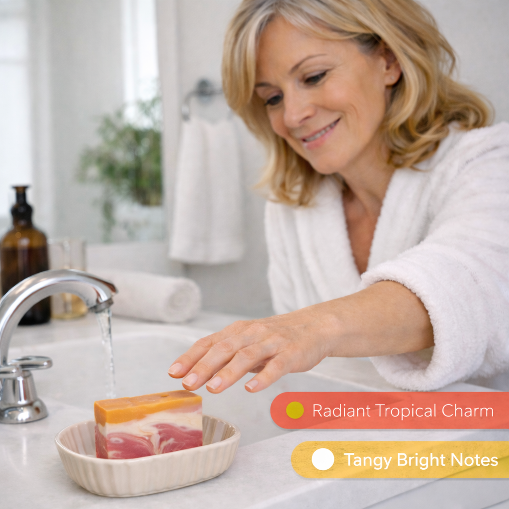 Woman placing a Mango Surprise soap bar into a sink, tropical scent