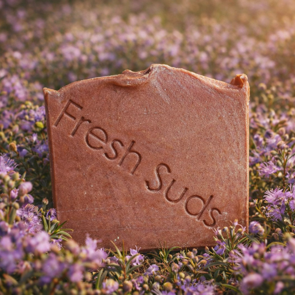 Purple Mallee soap bar, rust-brown, set among purple mallee blossoms