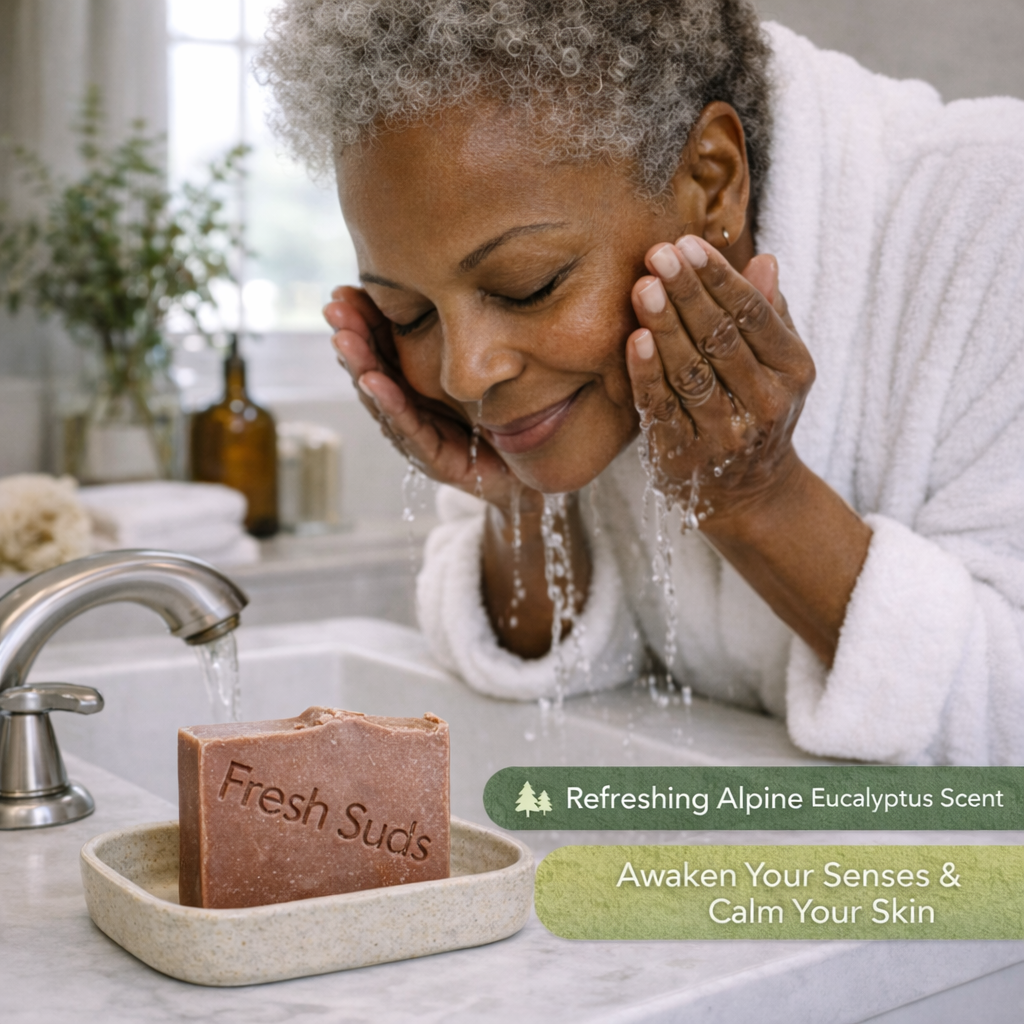 Purple Mallee Soap Bar - Woman washing her face with a bar of soap labeled 'Fresh Suds' in a bathroom setting - Fresh Suds Soapery