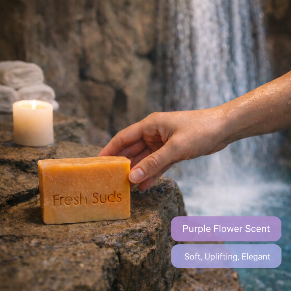 Hand holding a bar of soap labeled 'Fresh Suds' with a candle and waterfall in the background - Fresh Suds Soapery