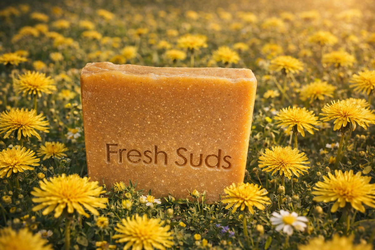 Restore Dandelion soap bar in a field of blooming dandelions