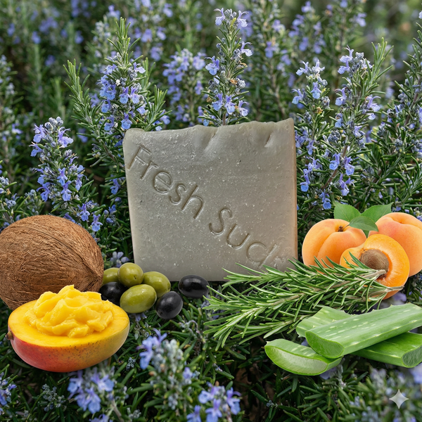 Rosemary Daydream soap bar among fresh rosemary sprigs, apricot and mango