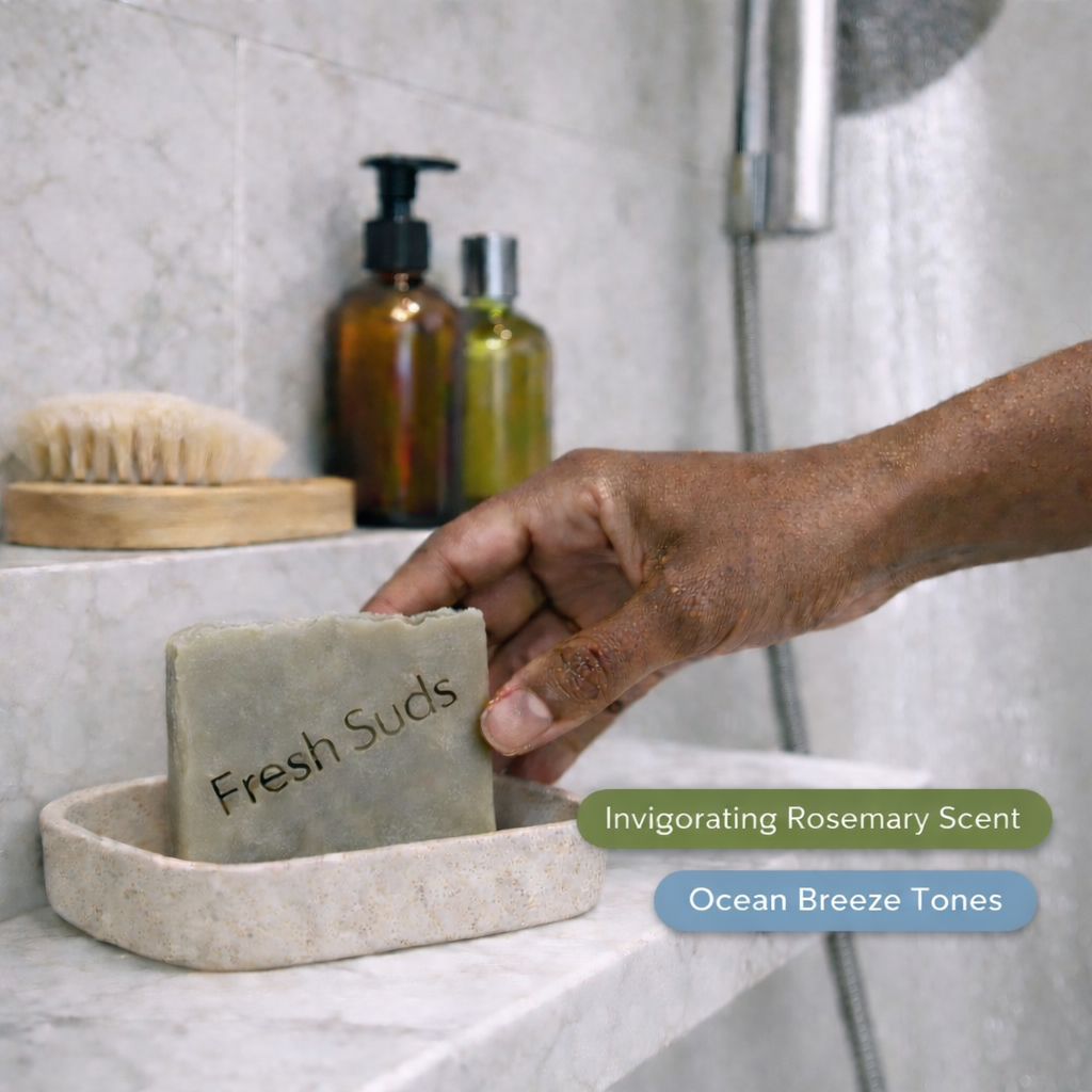 Rosemary Daydream Soap Bar - Hand holding a bar of soap labeled 'Fresh Suds' with bath products in the background - Fresh Suds Soapery