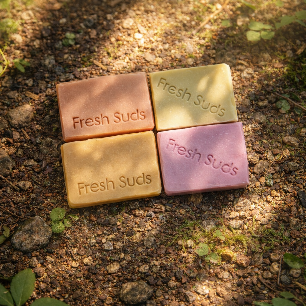 Self Care Soap Bundle - Four bars of 'Fresh Suds' soap in different colours on a textured forest ground background. - Fresh Suds Soapery