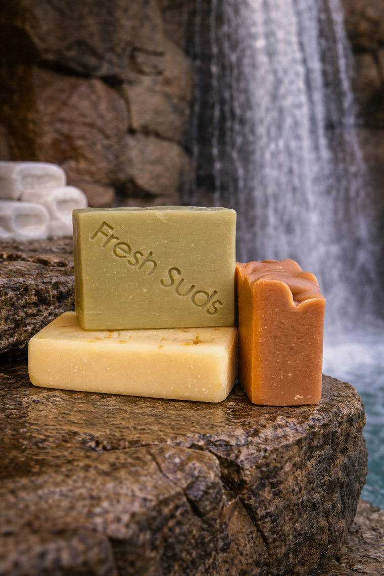 Sensitive Skin Bundle soap bars, green and tan, beside a waterfall
