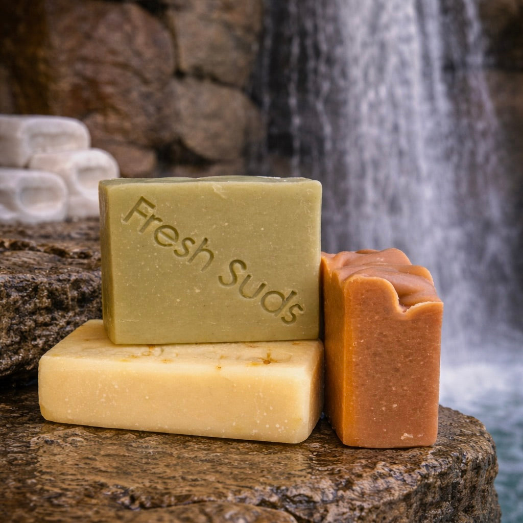 Sensitive Skin Bundle - Three bars of soap stacked on a rock with a waterfall in the background - Fresh Suds Soapery