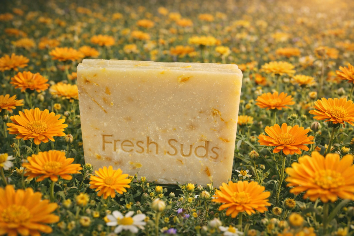 Sensitive Skin Bundle calendula soap bar in a field of calendula flowers