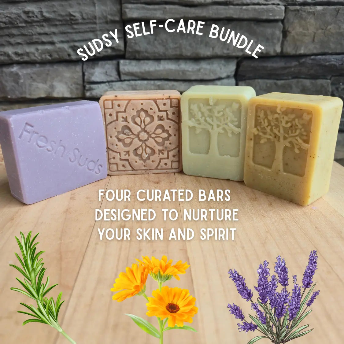 Four soap bars with decorative designs on a wooden surface, surrounded by illustrations of plants and flowers, with text about a 'Sudsy Self-Care Bundle'.