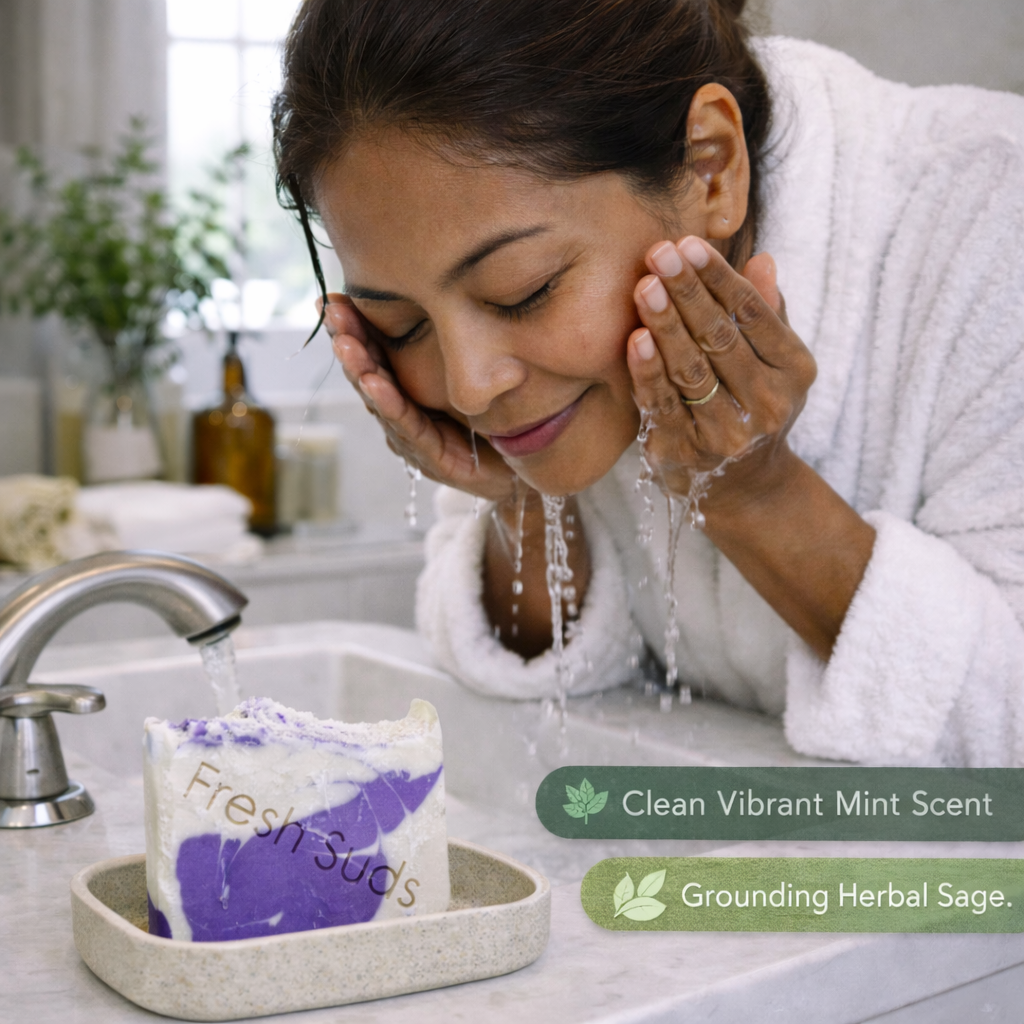 Sweet and Wild - Purple and white soap bar in a field surrounded by coconut, olives, mango butter and aloe - Fresh Suds Soapery