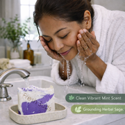Sweet and Wild Soap Bar - Woman washing her face with a bar of soap in a bathroom setting - Fresh Suds Soapery