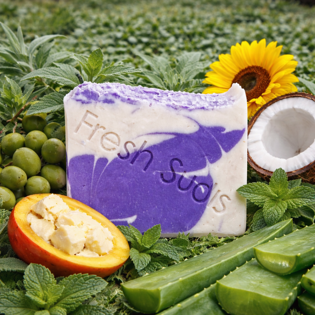 Sweet and Wild - Purple and white soap bar in a field surrounded by coconut, olives, mango butter and aloe - Fresh Suds Soapery