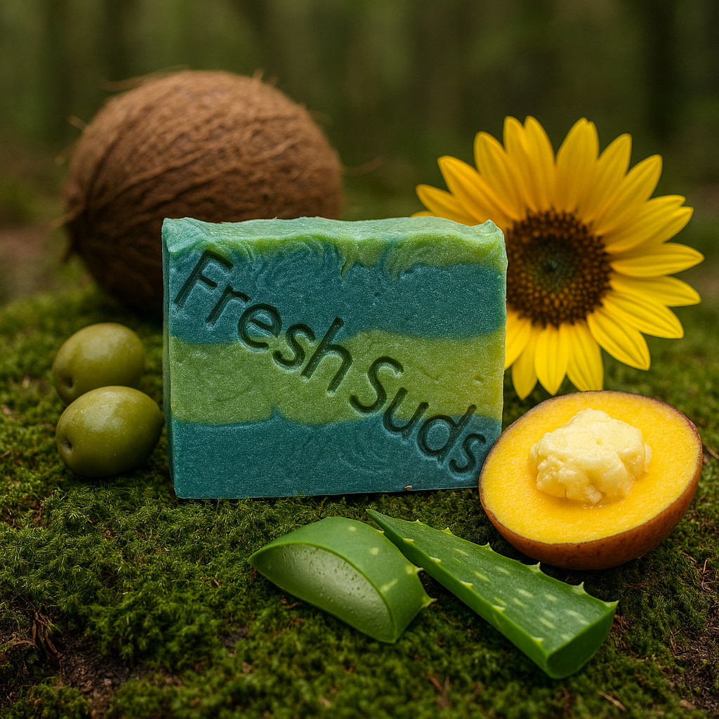 Tree Salad Soap Bar -  with 'Fresh Suds' branding on a natural background with a sunflower, coconut, and aloe vera - Fresh Suds Soapery