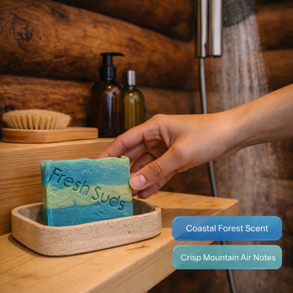 Tree Salad Soap Bar - Hand holding a bar of soap labeled 'Fresh Suds' with a wooden shelf in the background - Fresh Suds Soapery