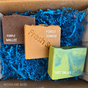 Woodland Bliss Bundle - 3 soap bars named Purple Mallee, Forest Sunrise, Tree Salad - Fresh Suds Soapery