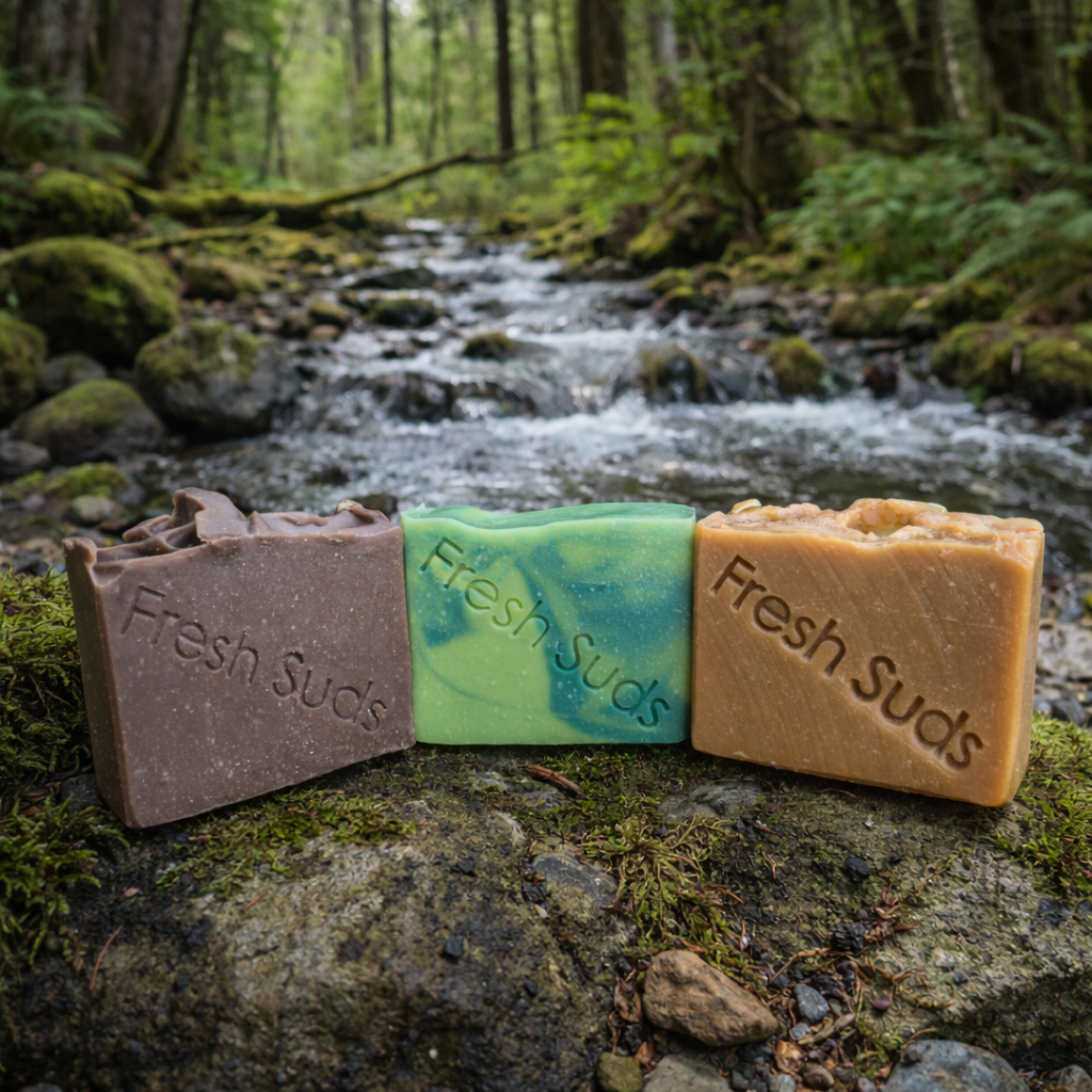 Woodland Bliss Bundle - Three bars of 'Fresh Suds' soap on a rock with a forest stream in the background - Fresh Suds Soapery