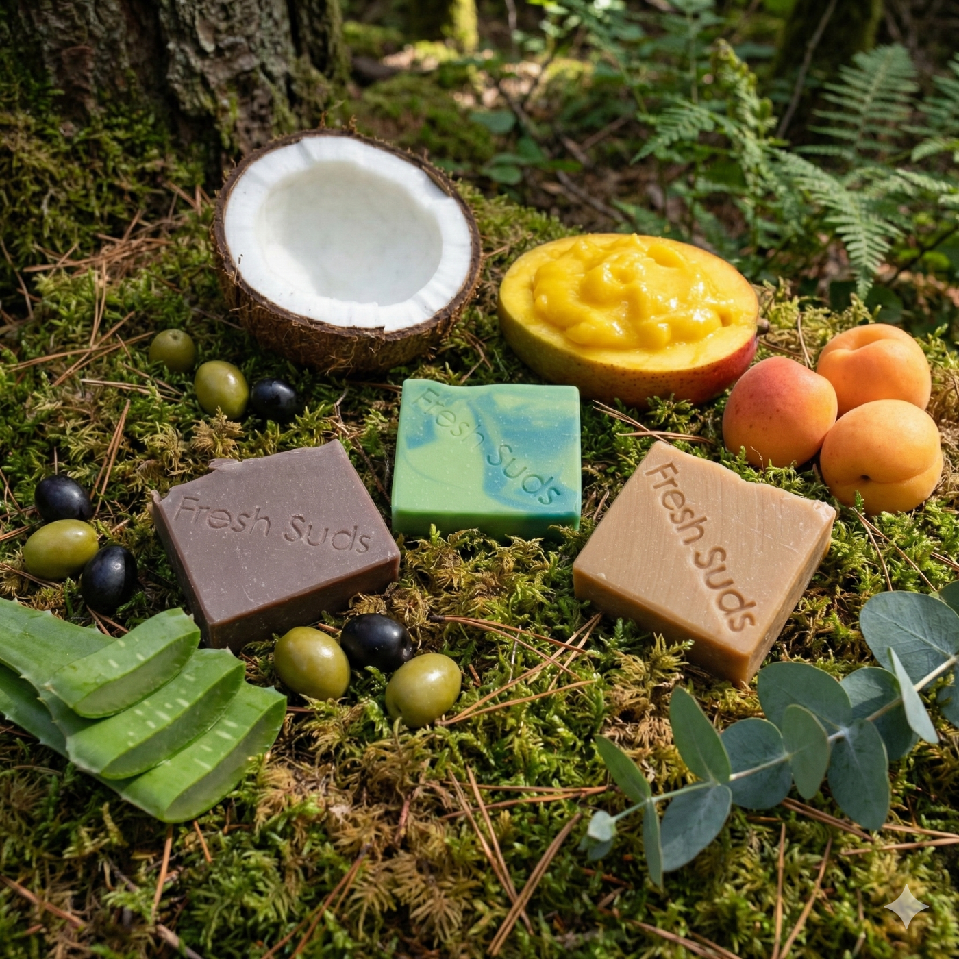 Woodland Bliss Bundle soap bars in a woodland with coconut and apricot